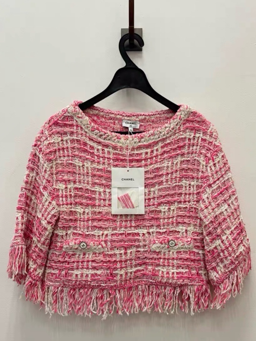 CHANEL Pink & Cream Tweed Fringe Crew Sweater